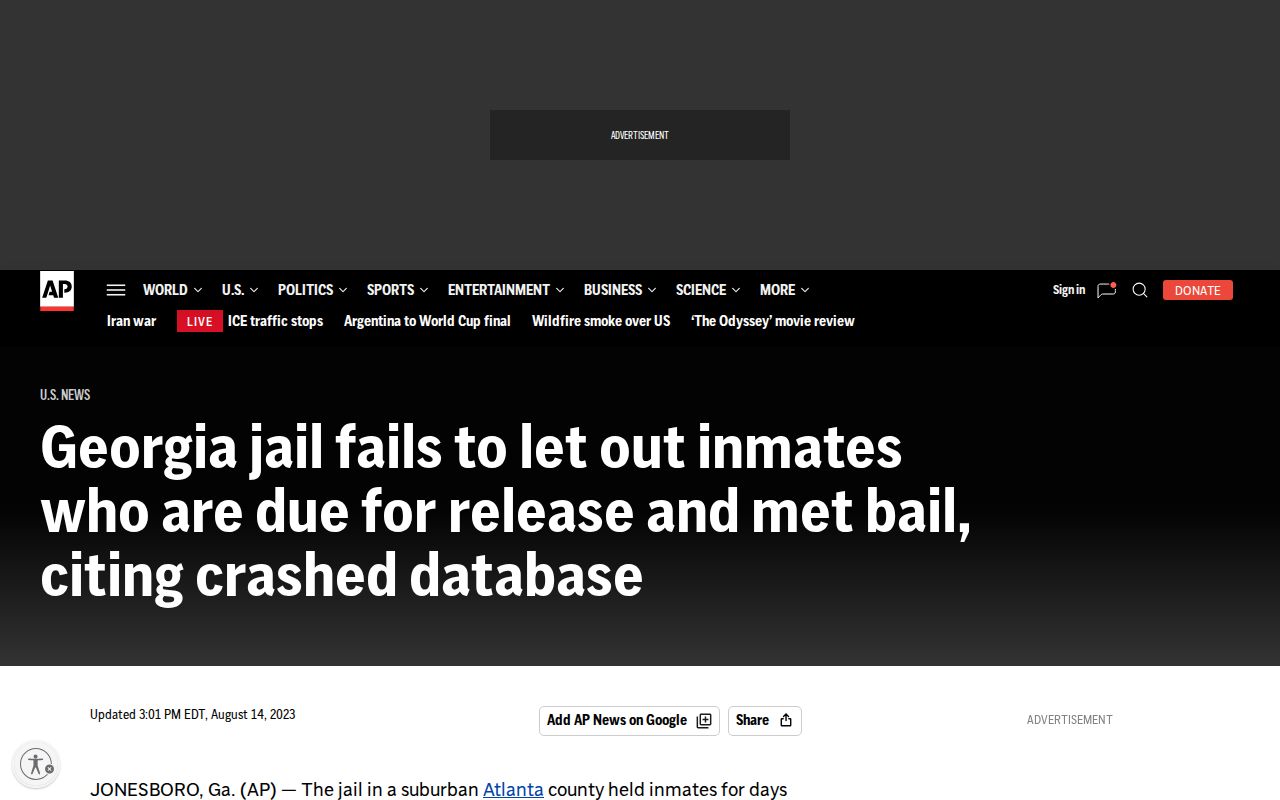 News report about Clayton County jail release delays after a state database outage